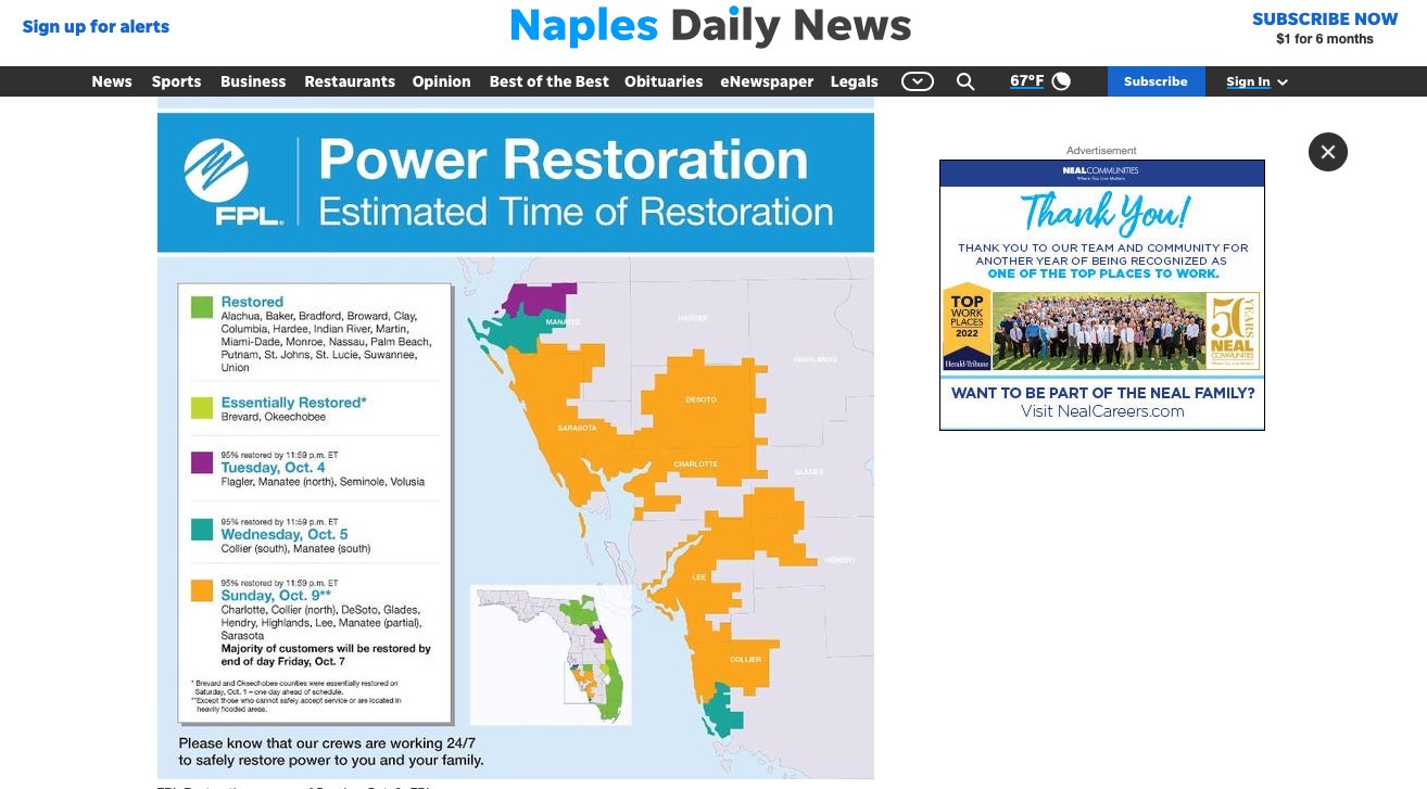 Naples Daily News displays a "Power Restoration" map on their home page